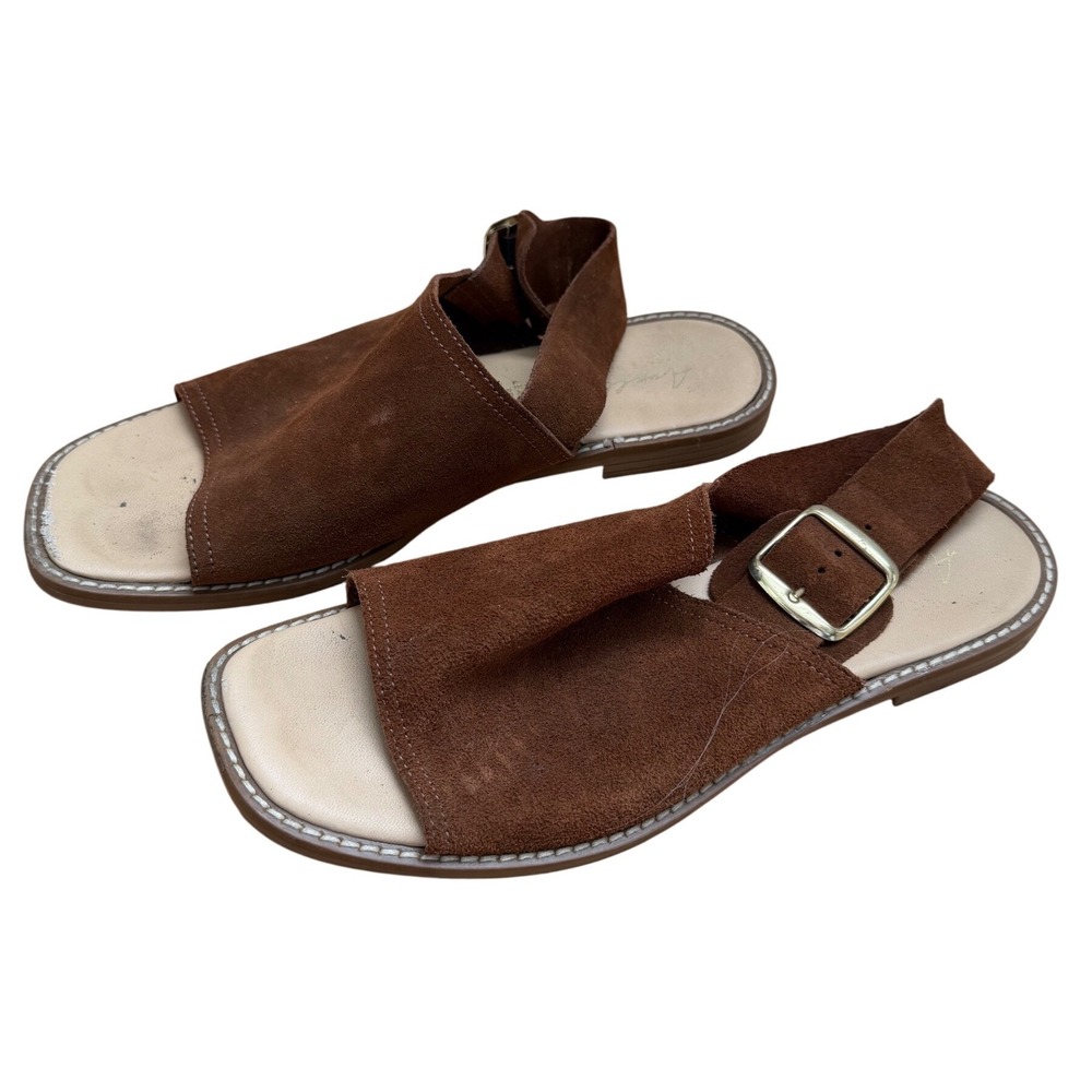 Made in Italy Brown Suede Slingback Sandals Buckle Square Toe Flat Shoes Womens